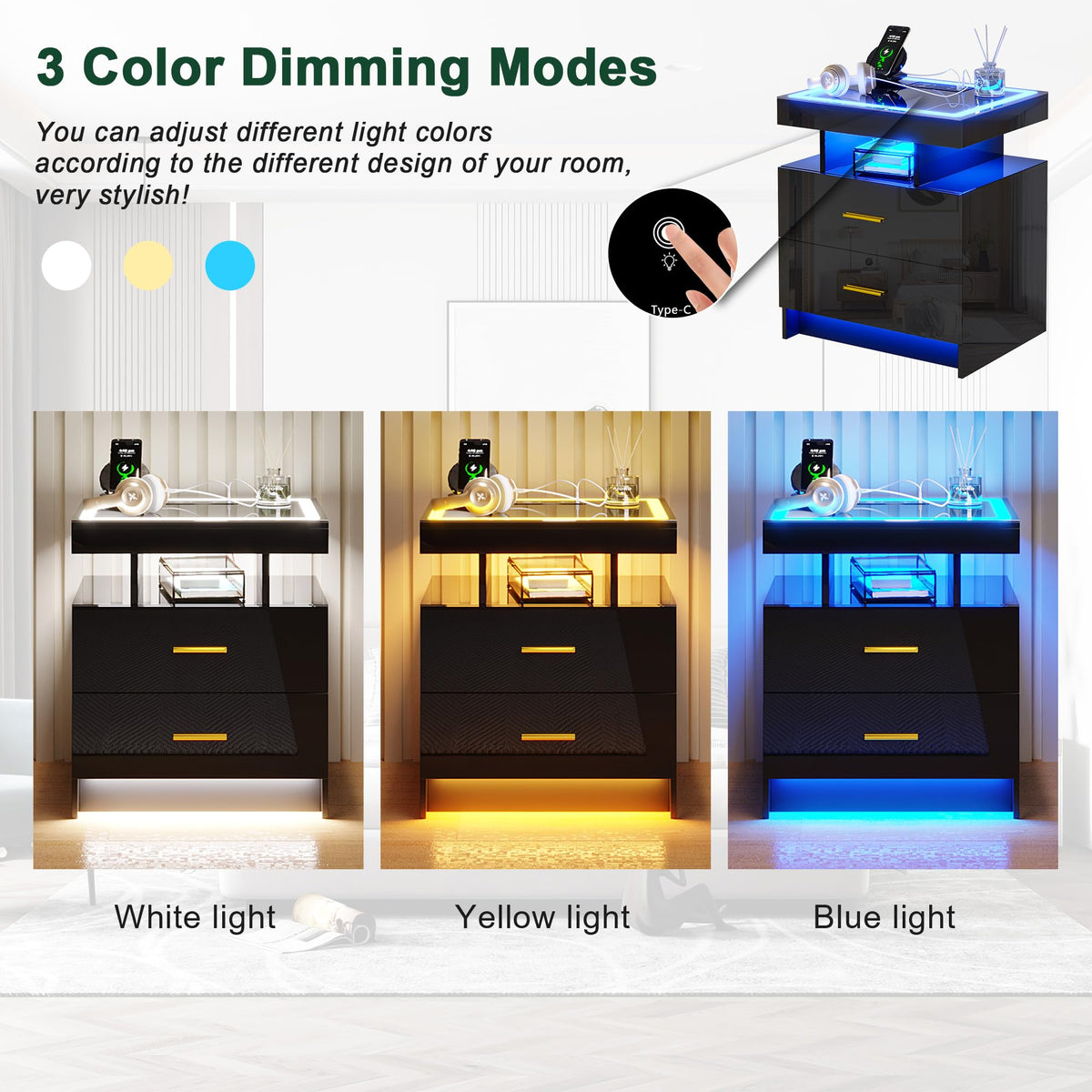 Black High Gloss Nightstand with Charging Station and 2 Drawers Q707345