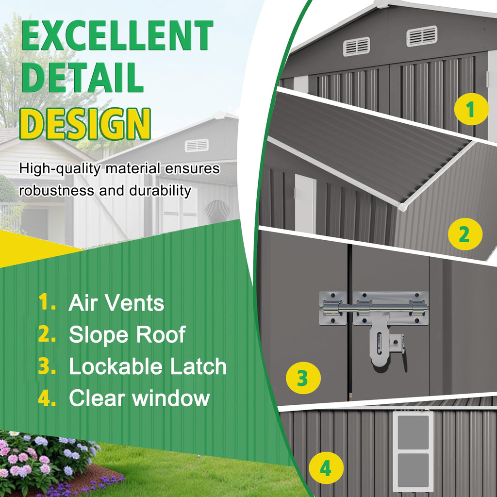 10x12 FT Grey Metal Storage Shed with Double Doors H153