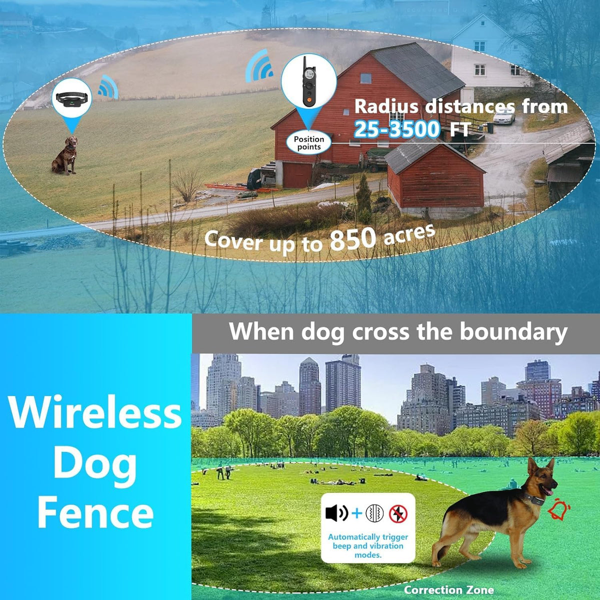 Wireless Dog Fence & Electronic Training Collar 2 in 1, IPX7 Waterproof L8759