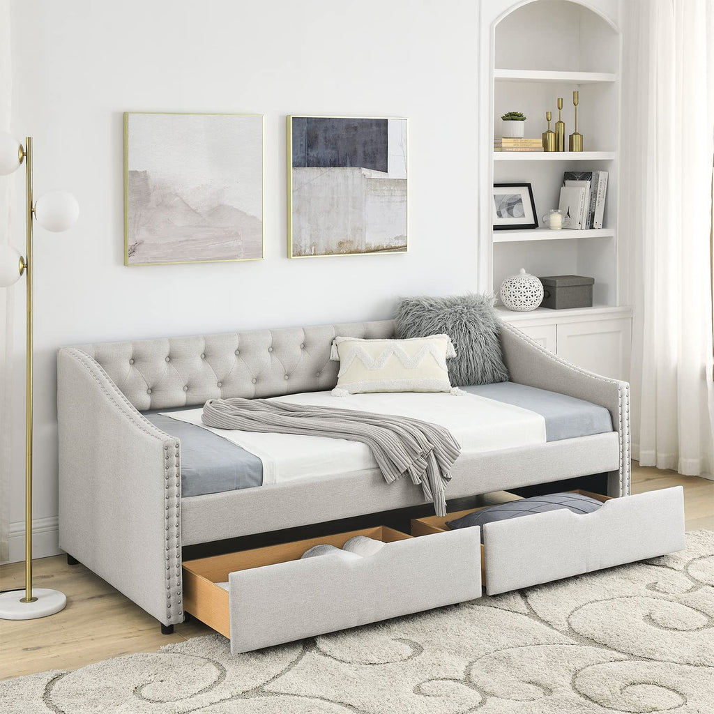 Beige Twin Size Upholstered Daybed with Drawers V6135