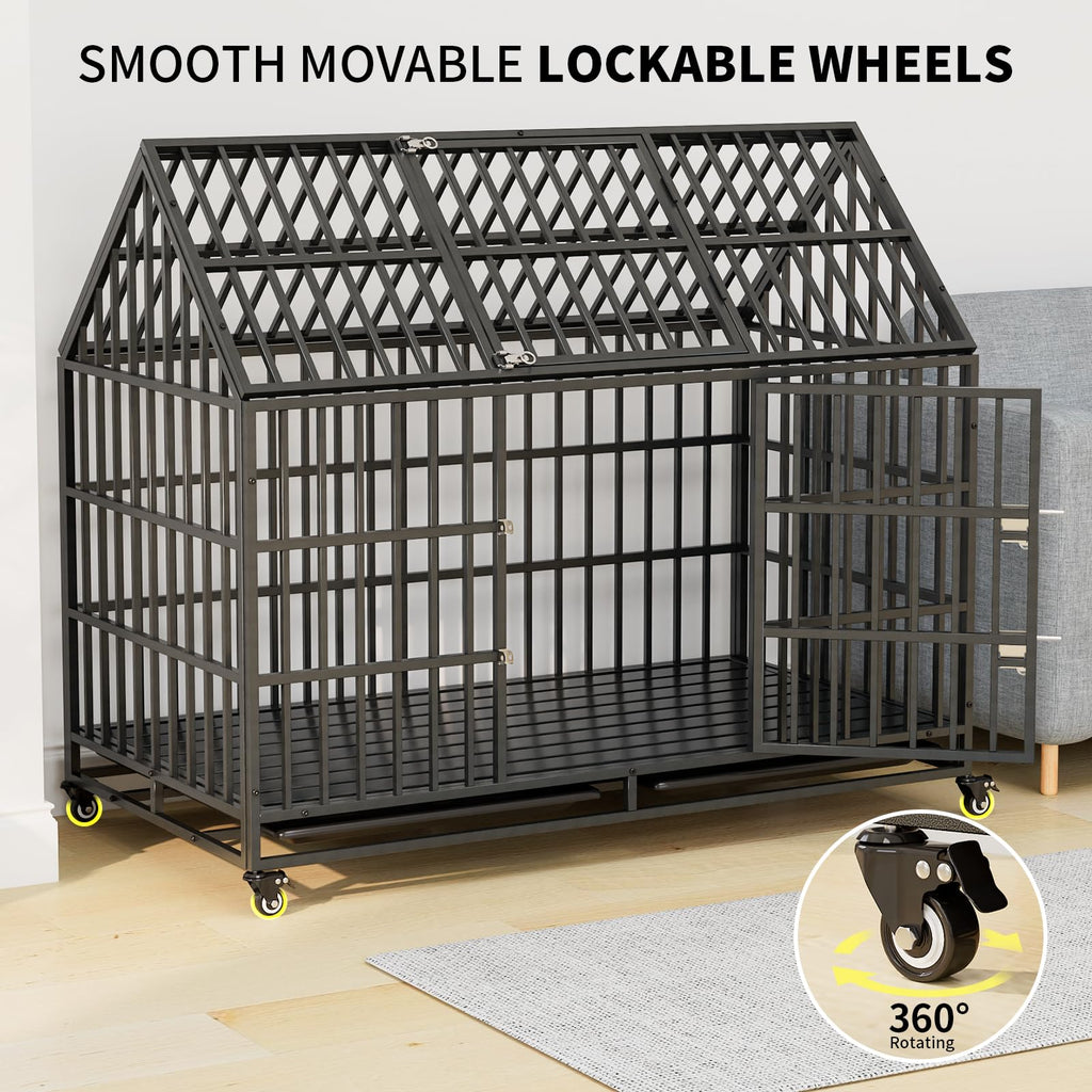 52 Inch Heavy Duty XXL Dog Crate with Open Roof Top, Trays and Wheels G698933