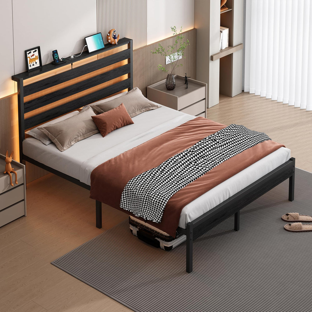 14 Inch Metal Platform Bed Frame with Headboard and USB Charging Station O184627