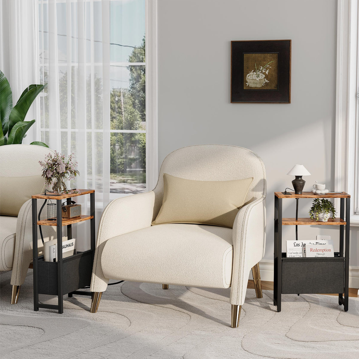 Narrow 3 Tier Side Table with Charging Station and Magazine Rack T950