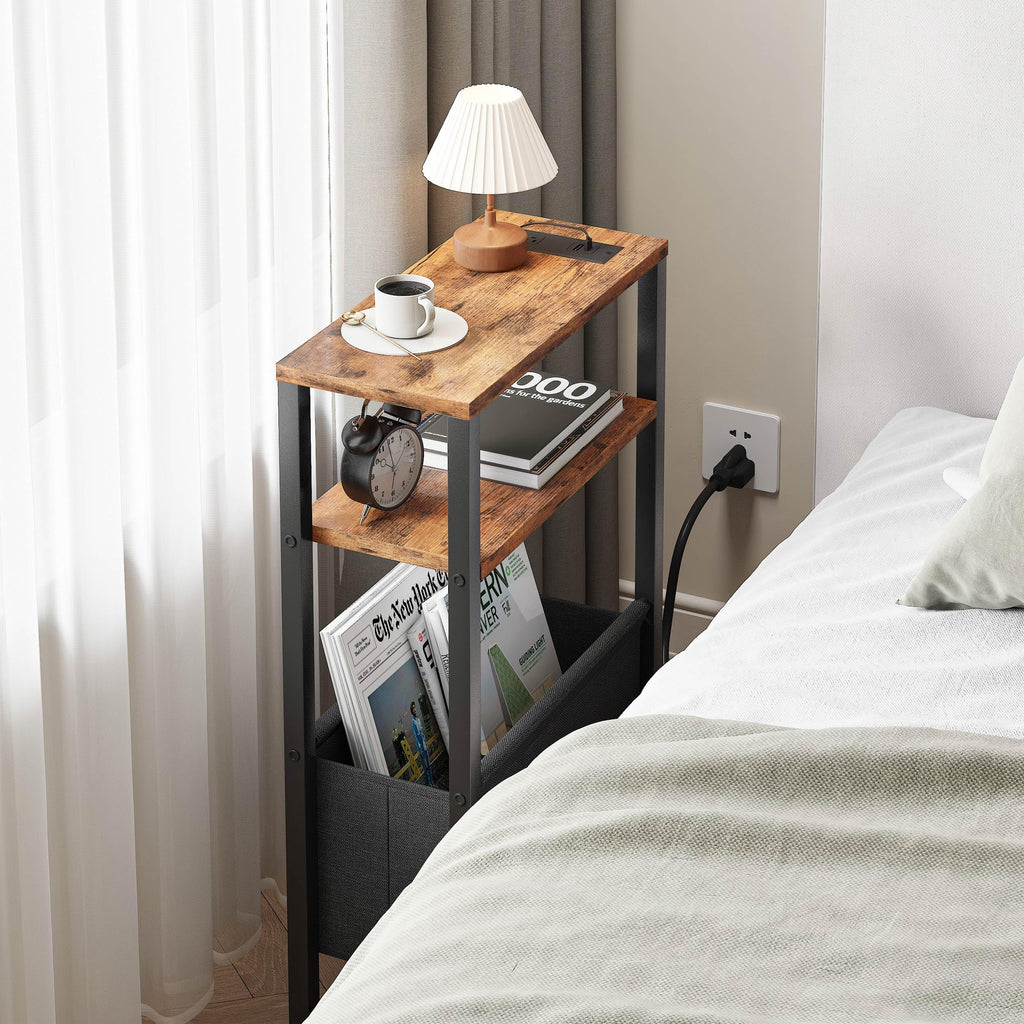 Narrow 3 Tier Side Table with Charging Station and Magazine Rack T950
