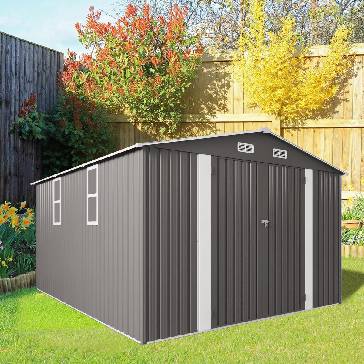 10x12 FT Grey Metal Storage Shed with Double Doors H153