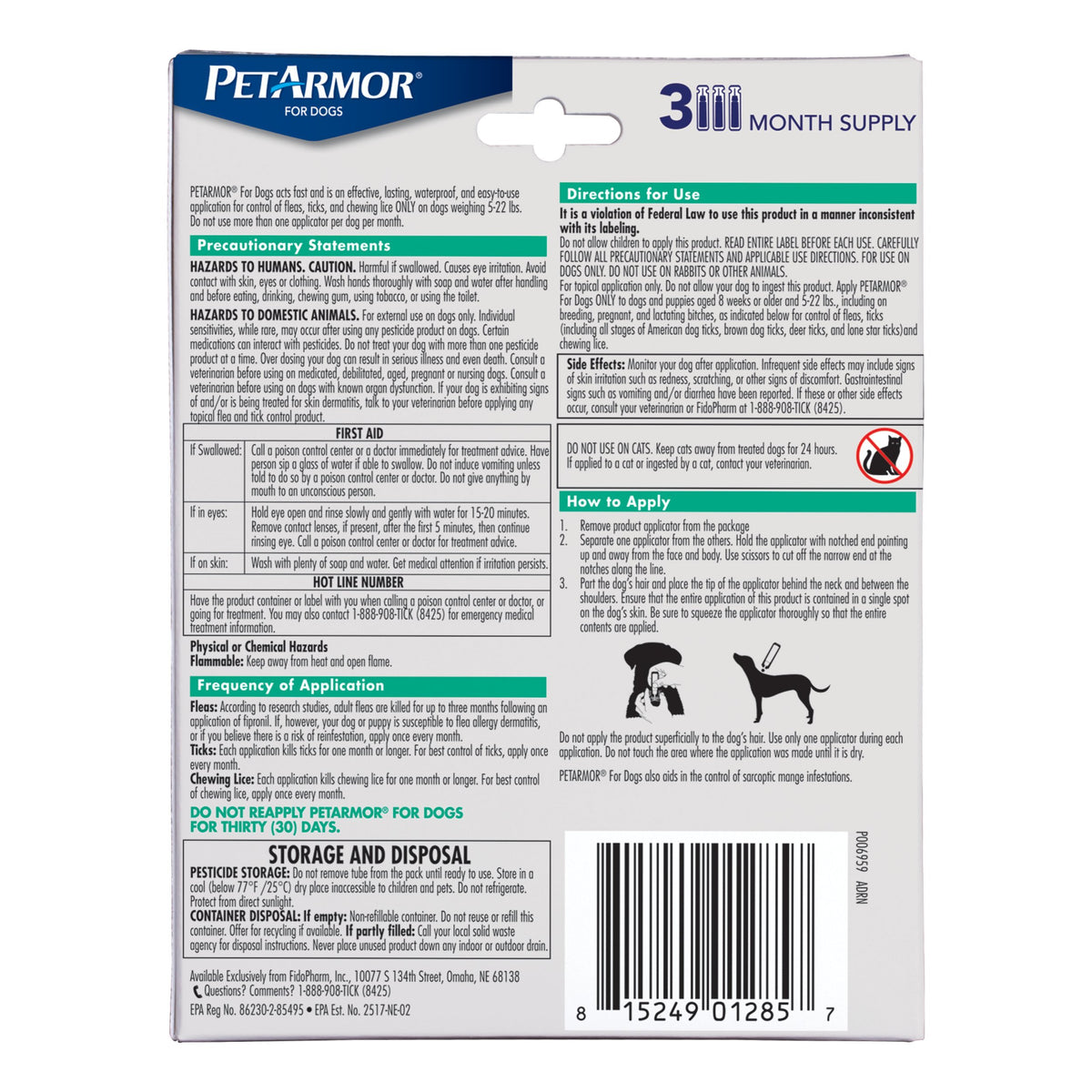 Flea & Tick Topical Dogs 5-22 lbs, Fipronil, 3-Month Y9004