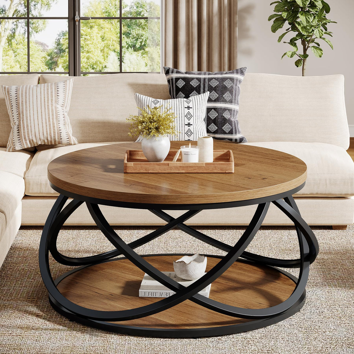 2-Tier Round Coffee Table with Storage Shelf S684421