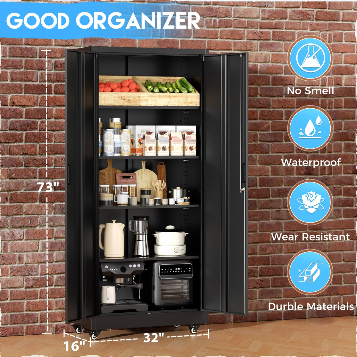 Black Metal Storage Cabinet with 4 Swivel Wheels A6440