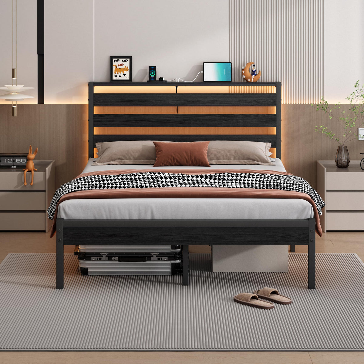 14 Inch Metal Platform Bed Frame with Headboard and USB Charging Station O184627