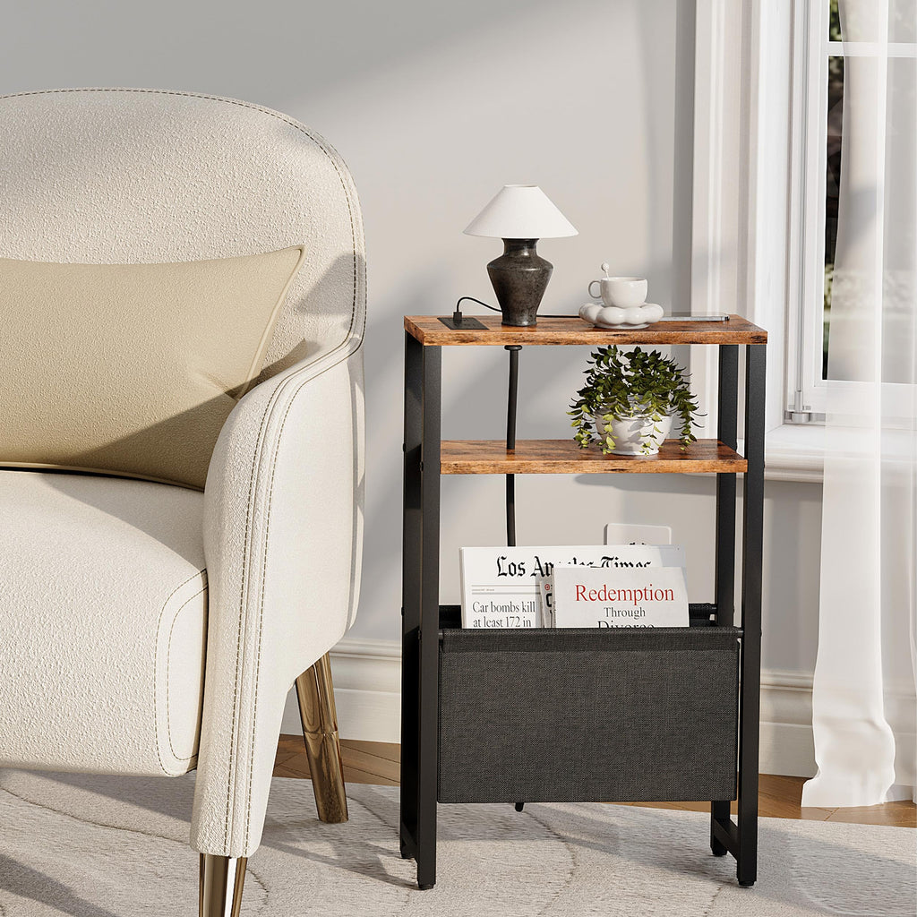 Narrow 3 Tier Side Table with Charging Station and Magazine Rack T950