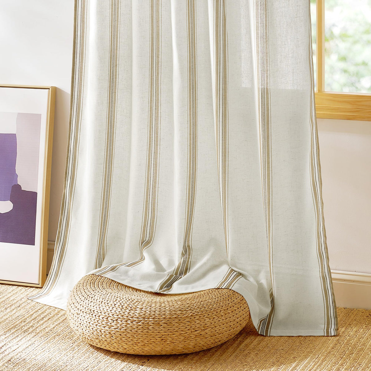 Taupe & White Stripe Linen Curtains 52 x 84 Inch H964