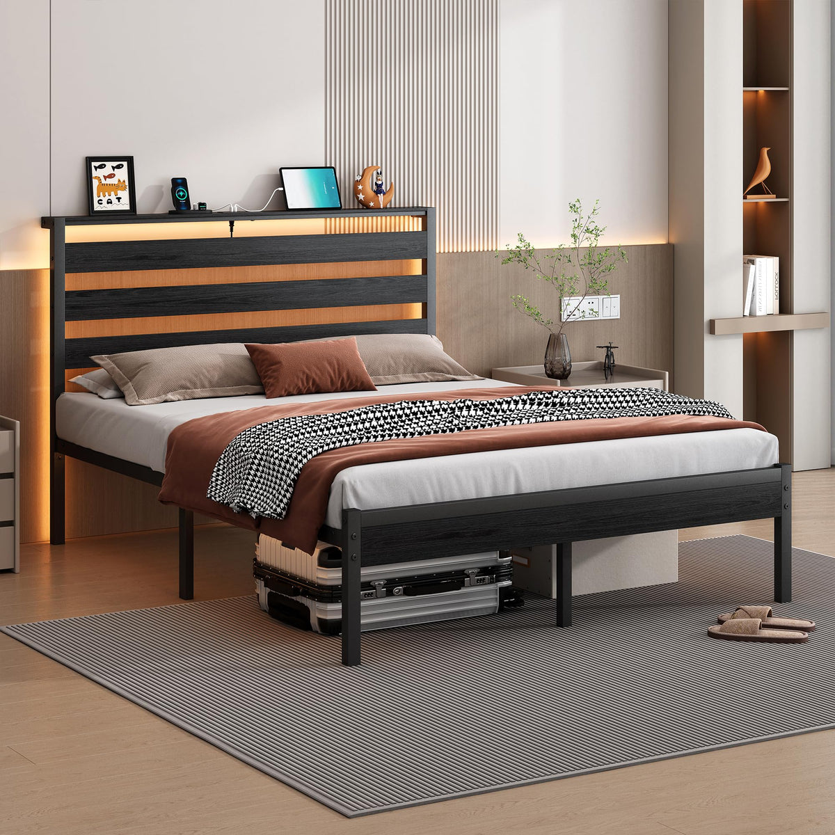 14 Inch Metal Platform Bed Frame with Headboard and USB Charging Station O184627