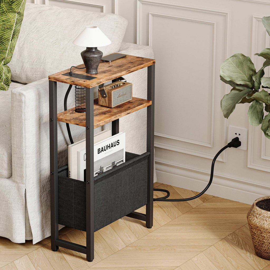 Narrow 3 Tier Side Table with Charging Station and Magazine Rack T950
