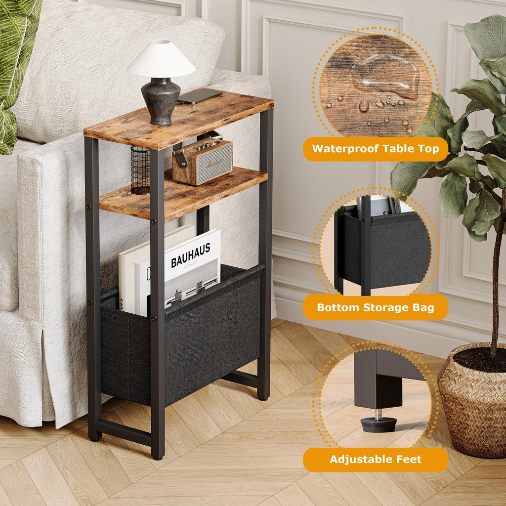 Narrow 3 Tier Side Table with Charging Station and Magazine Rack T950