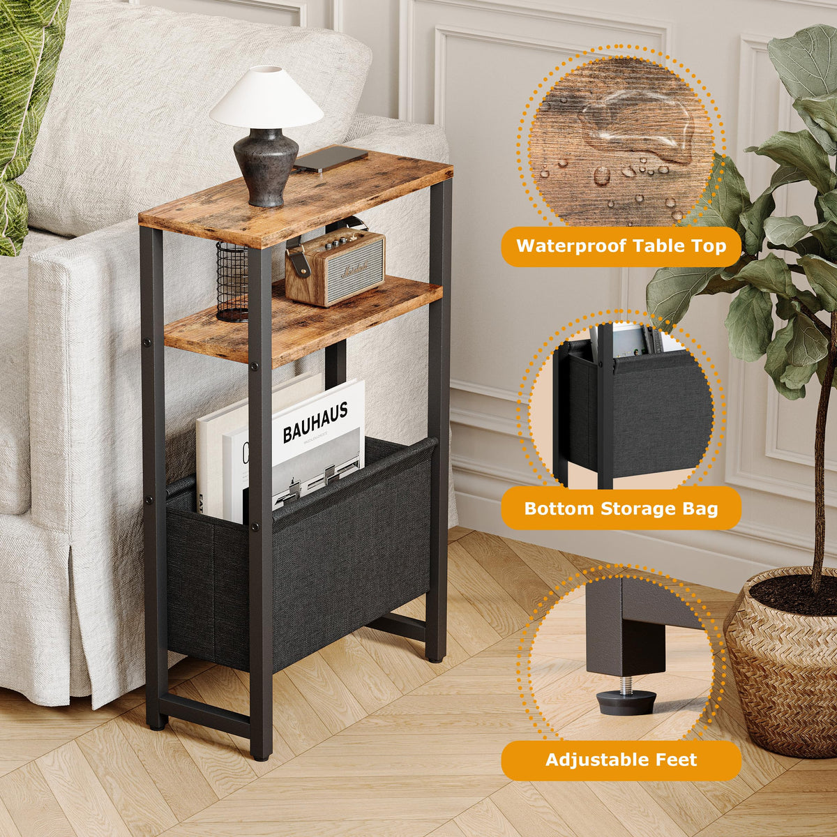 Narrow 3 Tier Side Table with Charging Station and Magazine Rack T950
